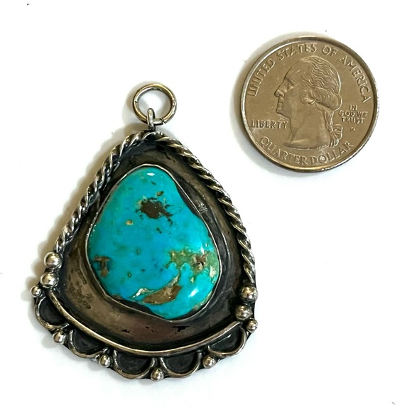 Navajo, Old Pawn Large Sterling Silver Candelaria Turquoise Pendant / Enhancer - Picture 3 of 4
